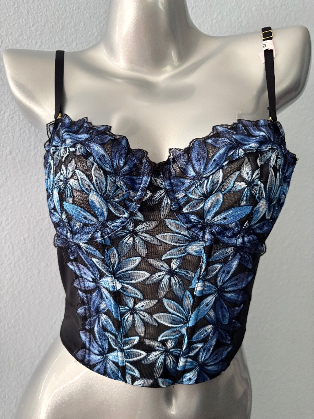 Victoria's Secret Dream Angels Bra Corset Very Sexy Long Line Blue Floral 34C